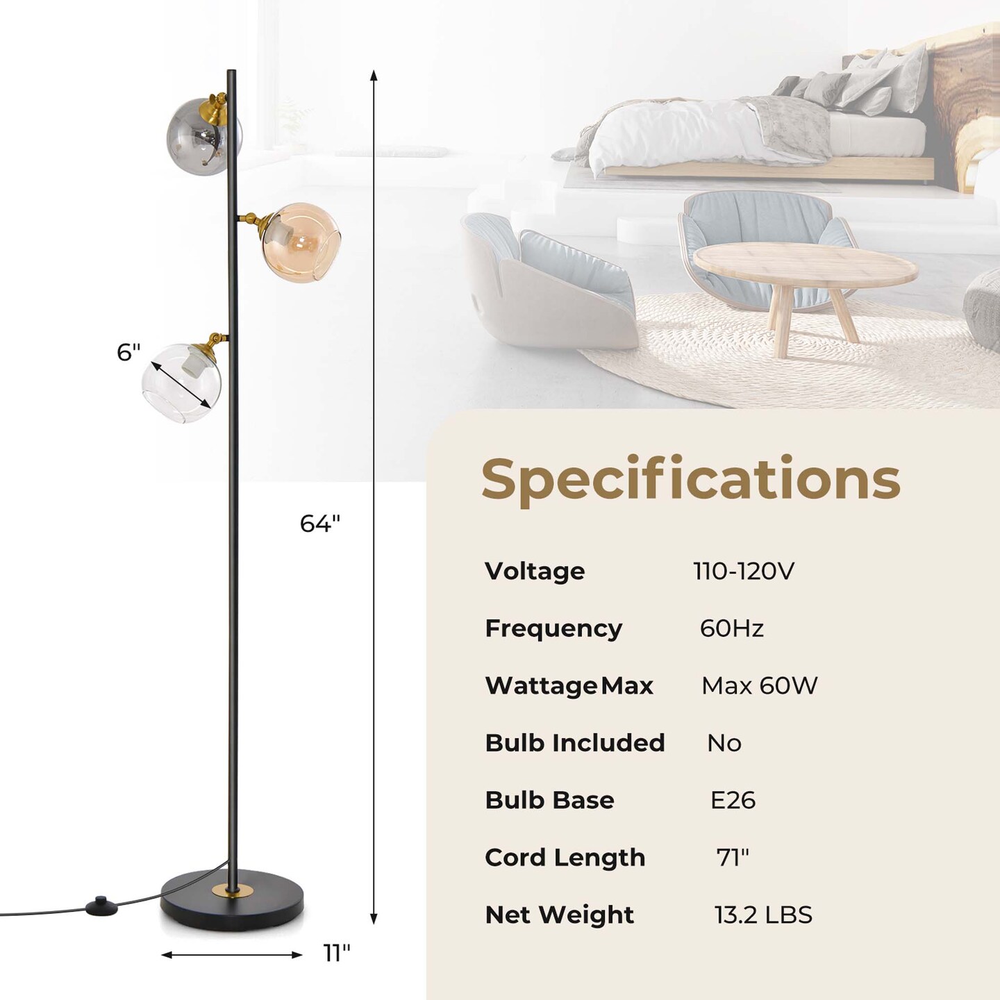 Costway Mid Century Floor Lamp Freestanding with 3 Glass Globe Lampshades &#x26; Foot Switch