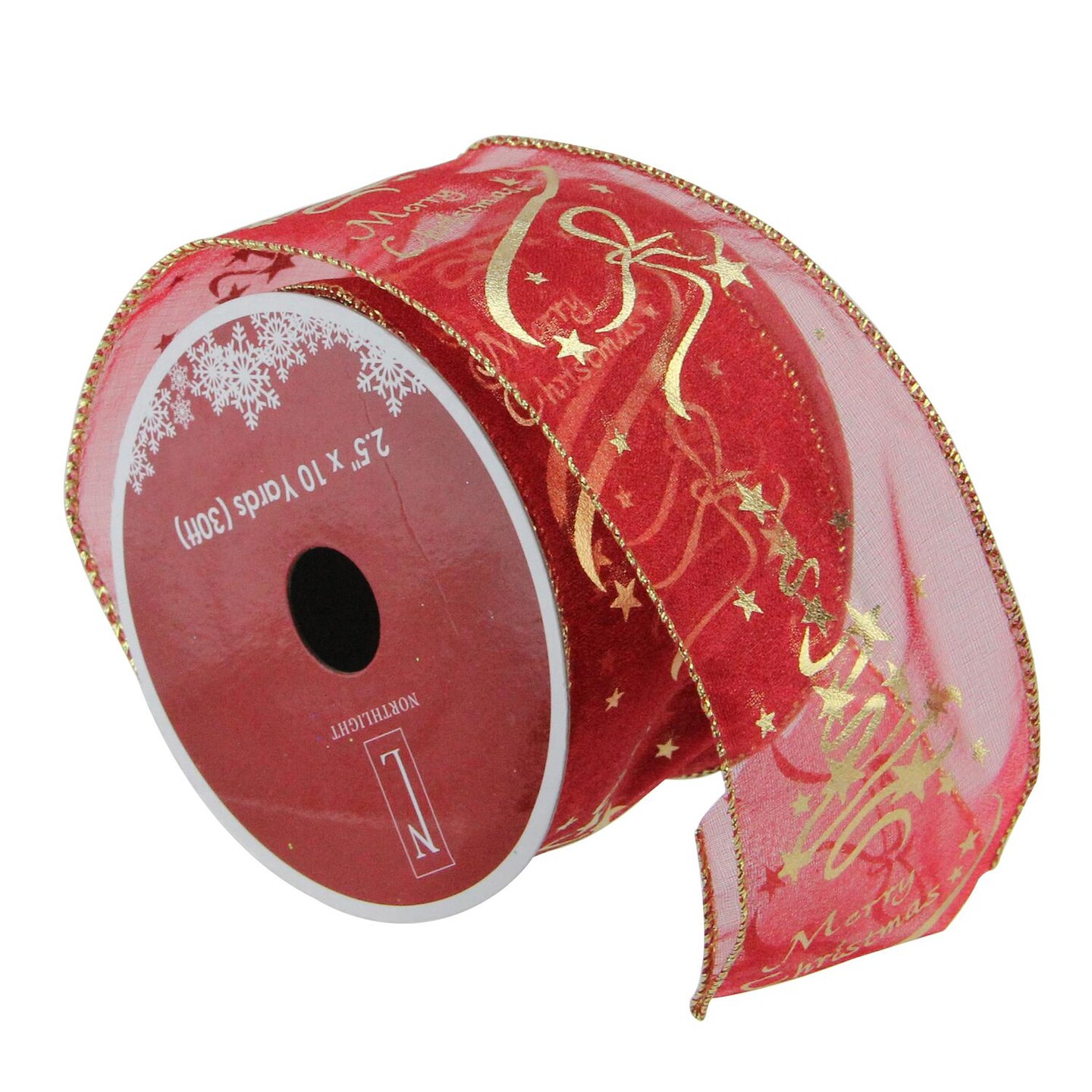 Northlight Cranberry Red and Gold &#x22;Merry Christmas&#x22; Wired Christmas Craft Ribbon 2.5&#x22; x 10 Yards