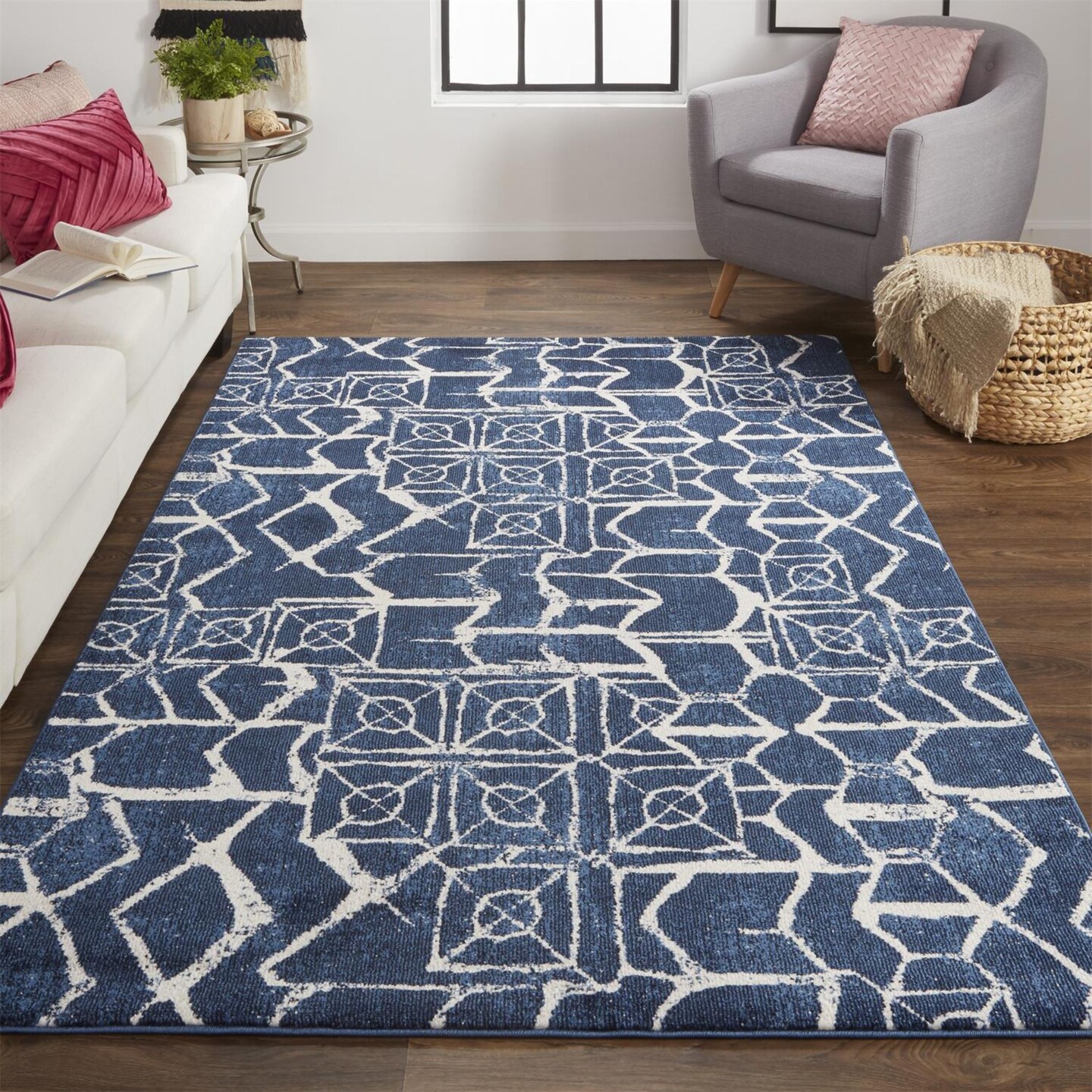 Feizy Home Collection 8&#x27; x 11&#x27; Navy Blue and Ivory Abstract Rectangular Area Throw Rug