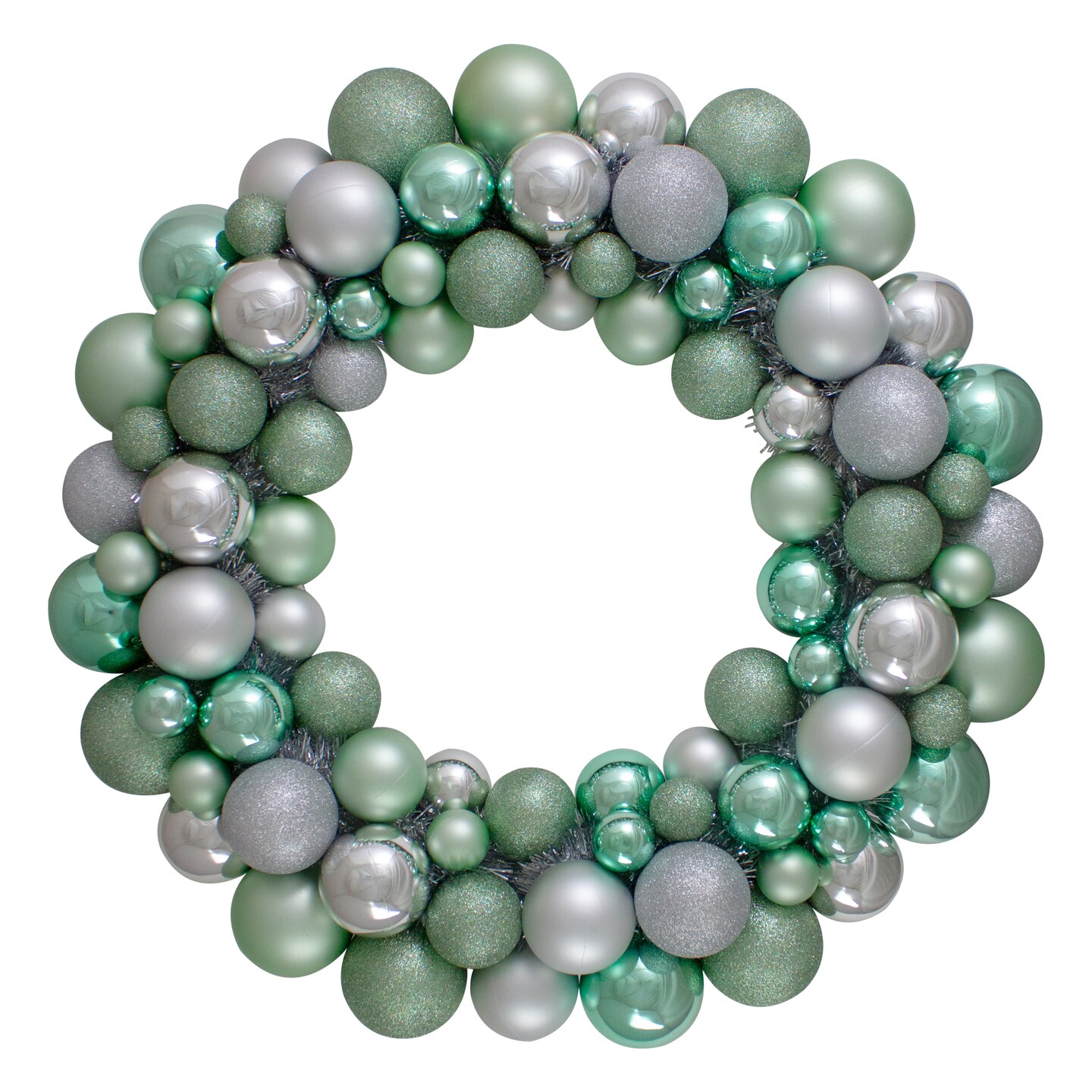 Northlight Silver and Seafoam Green 3-Finish Shatterproof Ball Christmas Wreath - 24-Inch, Unlit