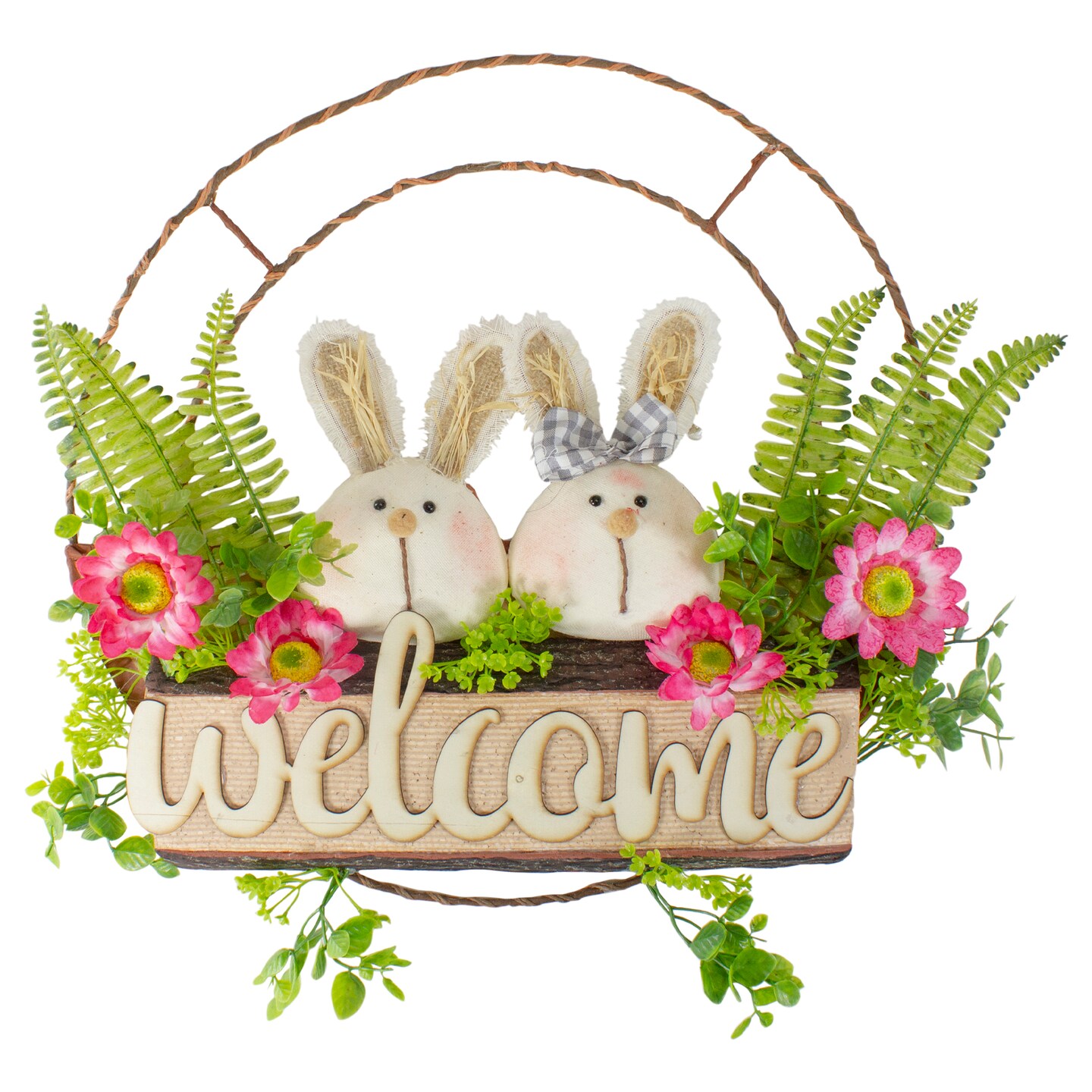 Northlight Rabbit Couple &#x22;Welcome&#x22; Floral Spring Wreath, 16-Inch