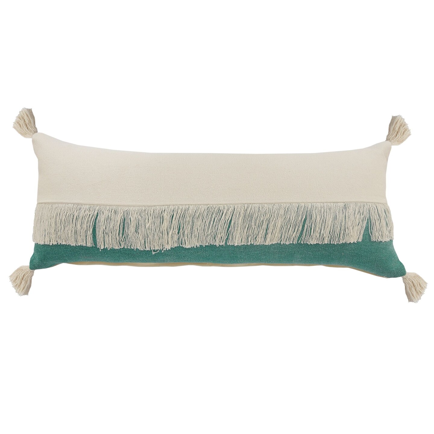 Laddha Home Designs 36" Green and White Fringe Color Block Lumbar Throw Pillow