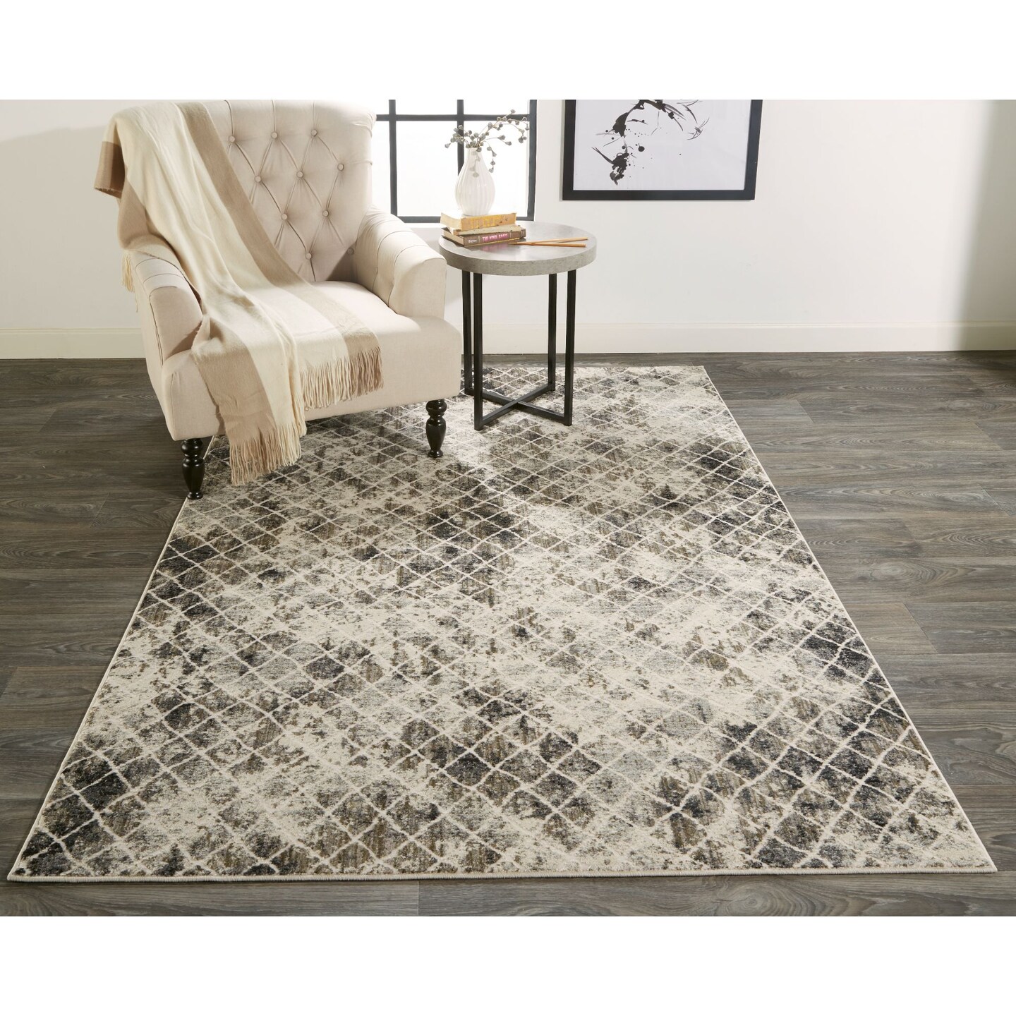 Feizy Home Collection 5.25&#x27; x 7.5&#x27; Charcoal Gray and Ivory Diamond Rectangular Area Throw Rug