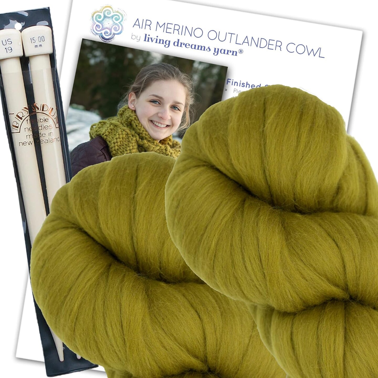Merino Cowl Knitting Kit: Soft and Thick #7 Weight Jumbo Yarn, Knitting Needles and Pattern. Beginner. Everything Included, Great for Gifts