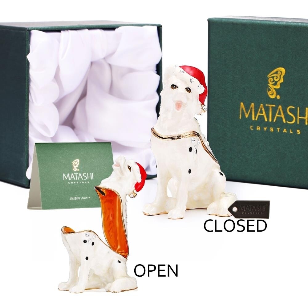 Matashi Hand-Painted Holiday Christmas Dog Trinket Box W/ Crystals Decorative Christmas Puppy Ornament W/ Stocking Cap
