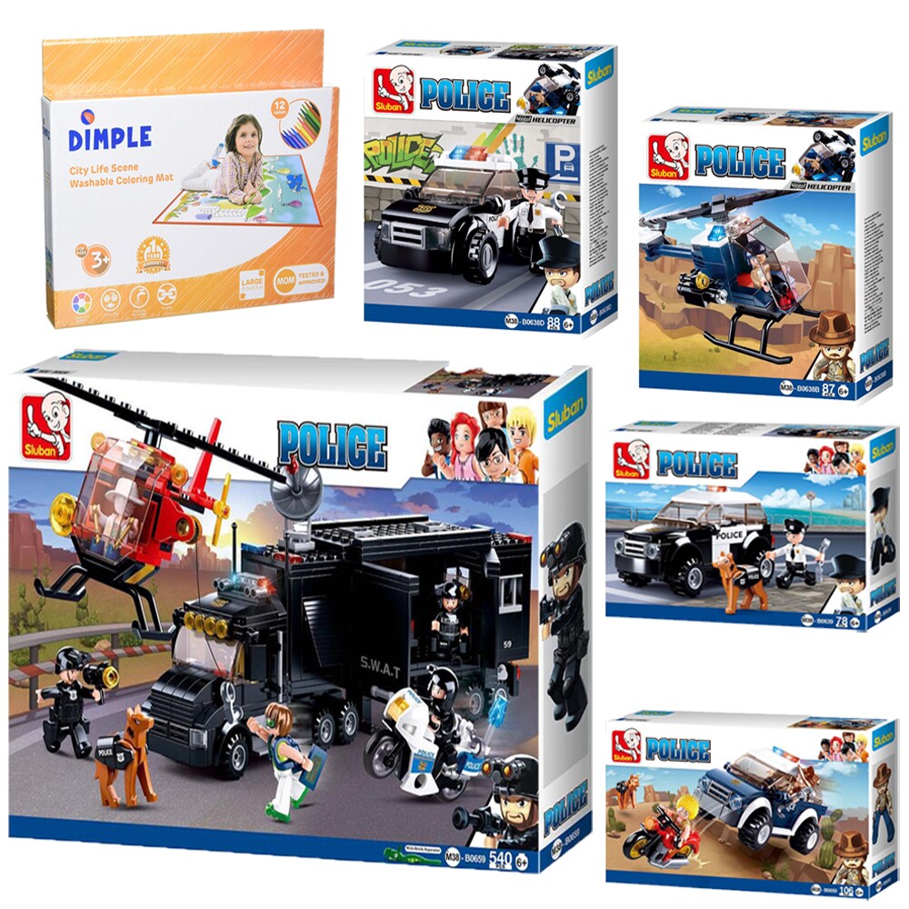 SlubanKids   SWAT Police Car Playset Building Blocks Building Toy Set 899 Pcs and Dimple Small Washable Coloring Play Mat