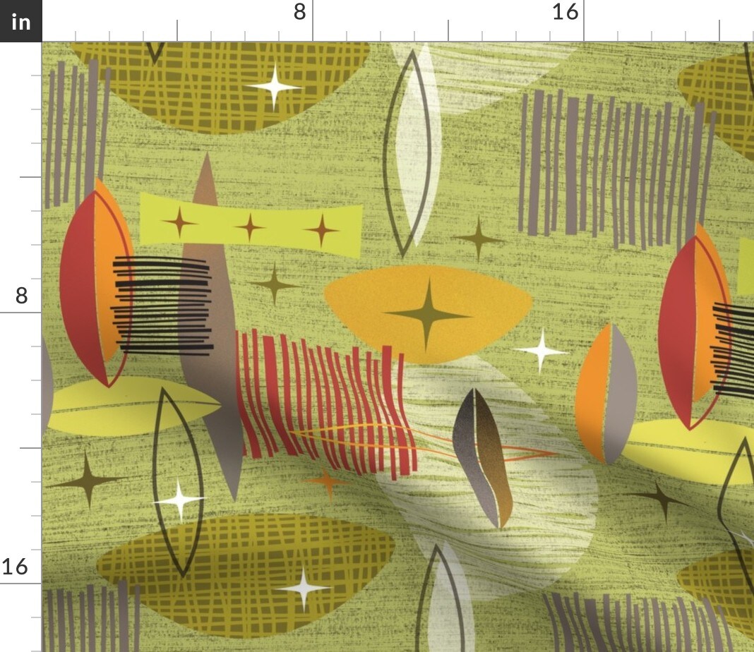 Mid Century Modern Graphic Green Vintage Retro Gold Atomic Custom Printed Fabric by Spoonflower Various Fabrics by the Yard or Fat Quarter