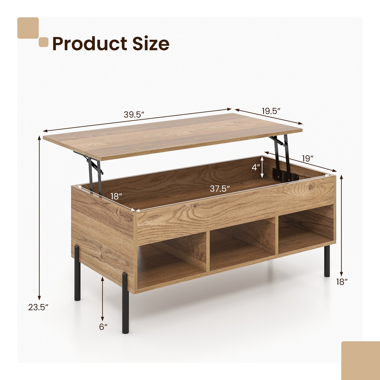 Costway Lift Top Coffee Table with Storage Compartment &#x26; 3 Open Cubbies for Living Room