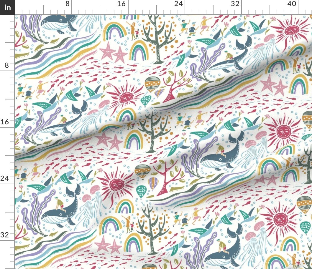 Under The Sea Blue Pink Purple Whale Sun Sea Creatures Custom Printed Fabric by Spoonflower Various Fabrics by the Yard or Fat Quarter