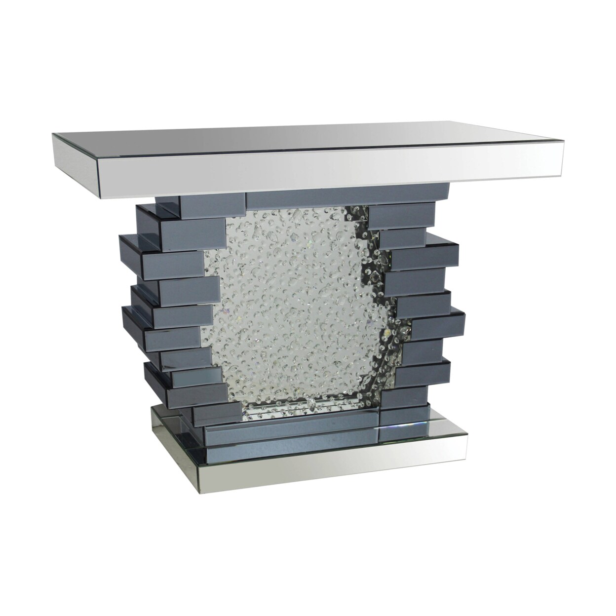 Saltoro Sherpi Wood and Mirror Console Table with Studded Faux Crystals, Black and Clear-