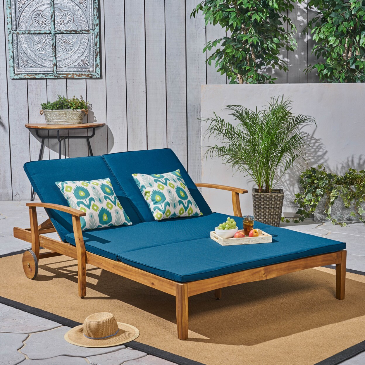 GDFStudio Samantha Double Chaise Lounge for Yard and Patio Acacia Wood Frame