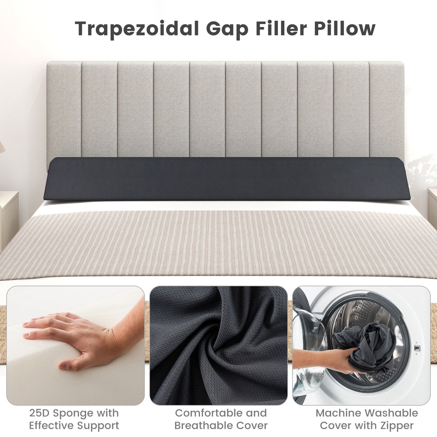 Giantex Twin/Full/Queen/King Bed Wedge Pillow with Tablet Pillow Stand Side Pockets Support for Back Grey