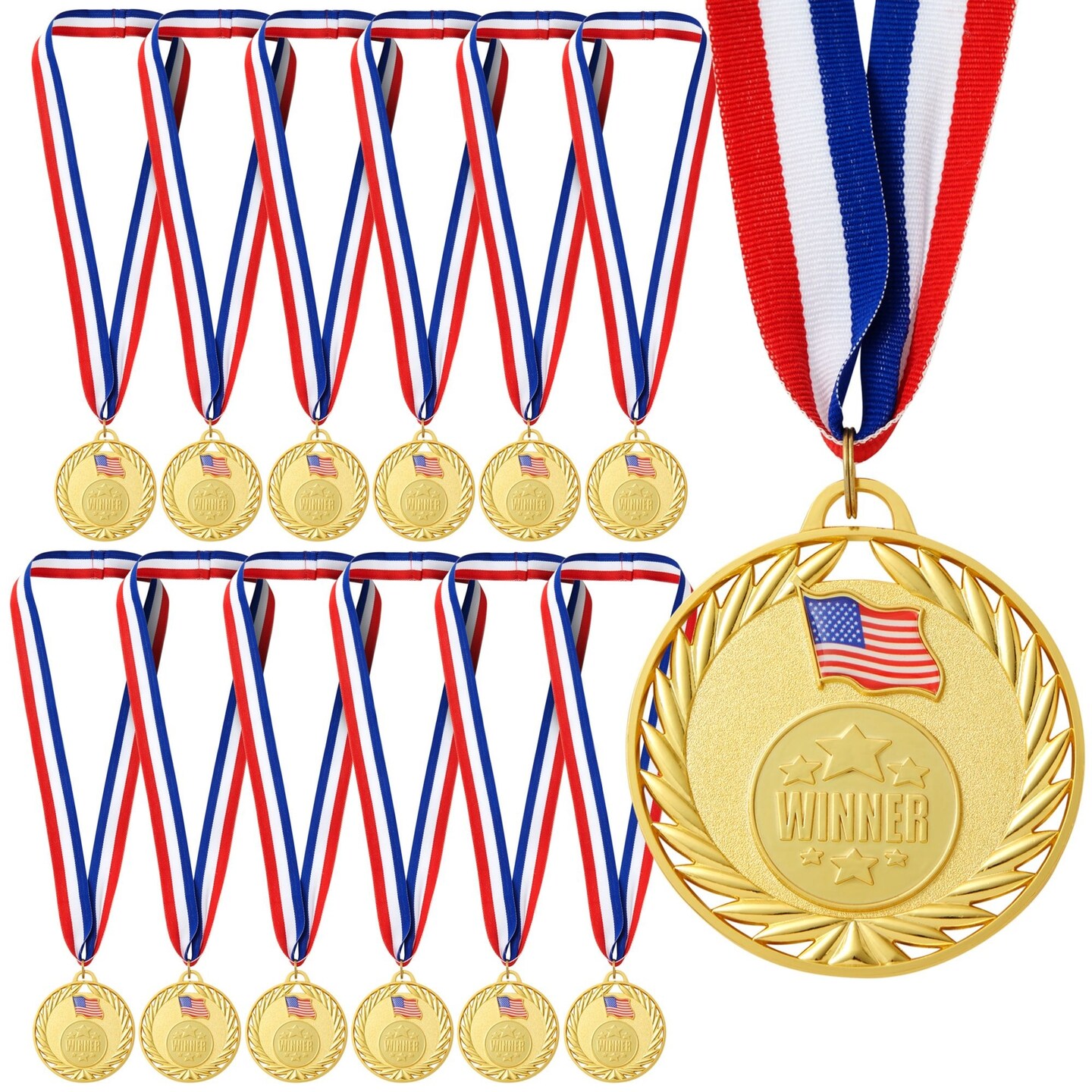 12-Pack Gold Winner Medals for All Ages, Participation Awards with American Flag, 15.5-Inch Red, White, and Blue Ribbon for Sports, Tournaments, Competitions, Heavy-Duty (Metal, 2.75 in)