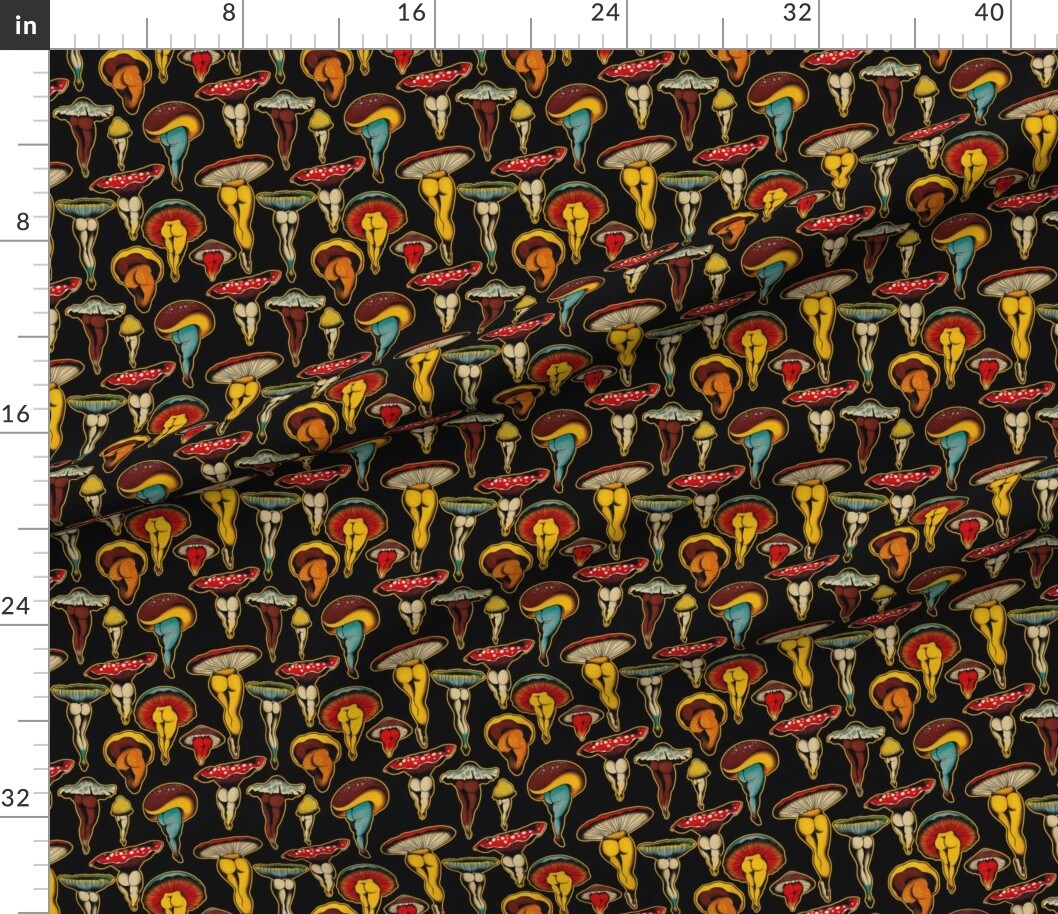 Mushrooms Black Background Cute Traditional Booty Custom Printed Fabric by Spoonflower Various Fabrics by the Yard or Fat Quarter