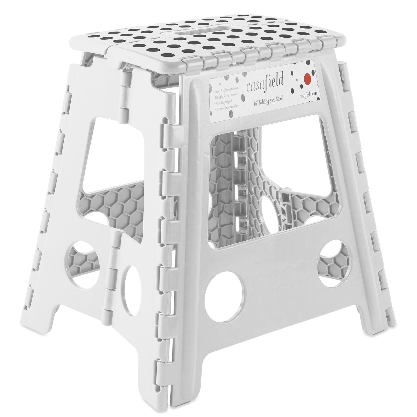 Casafield 16&#x22; Folding Step Stool with Handle, White - Portable Collapsible Small Plastic Foot Stool for Adults - Use in the Kitchen, Bathroom and Bedroom