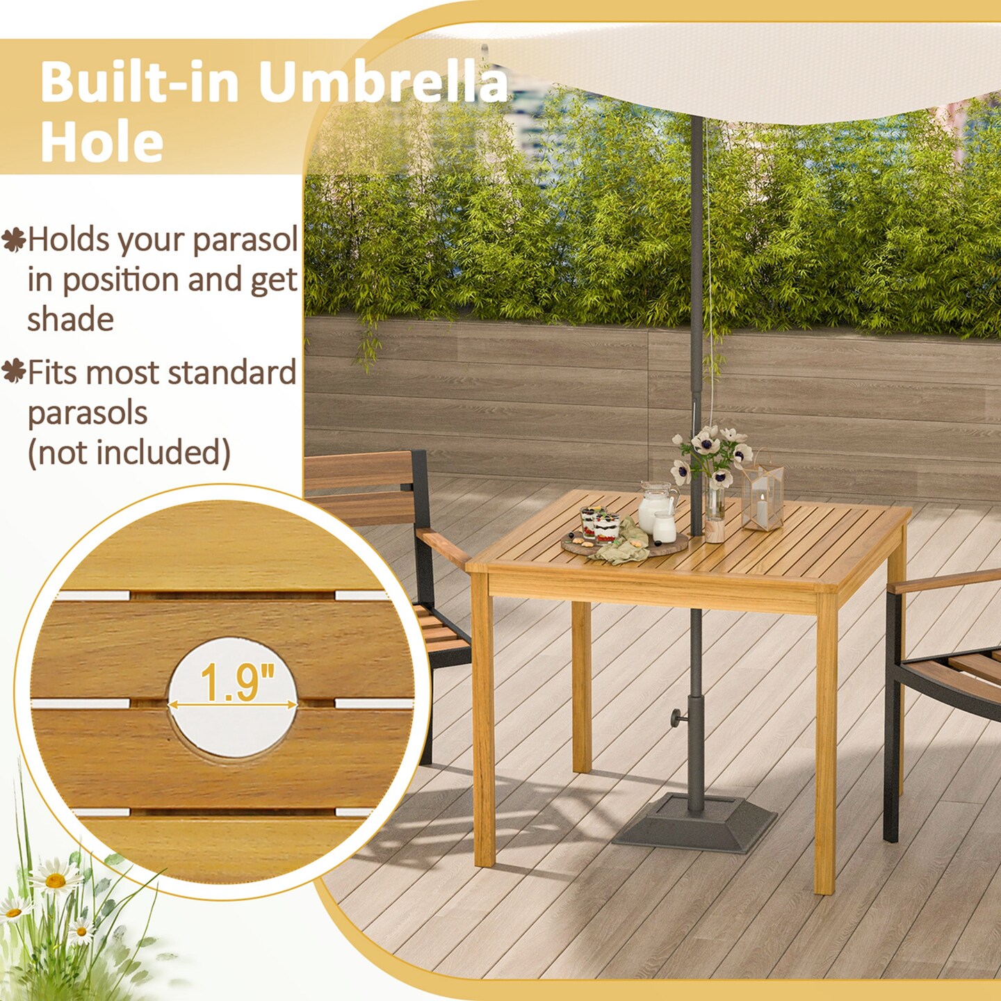Costway Patio Dining Table Acacia Wood Square Outdoor Bistro with 1.9'' Umbrella Hole Yard