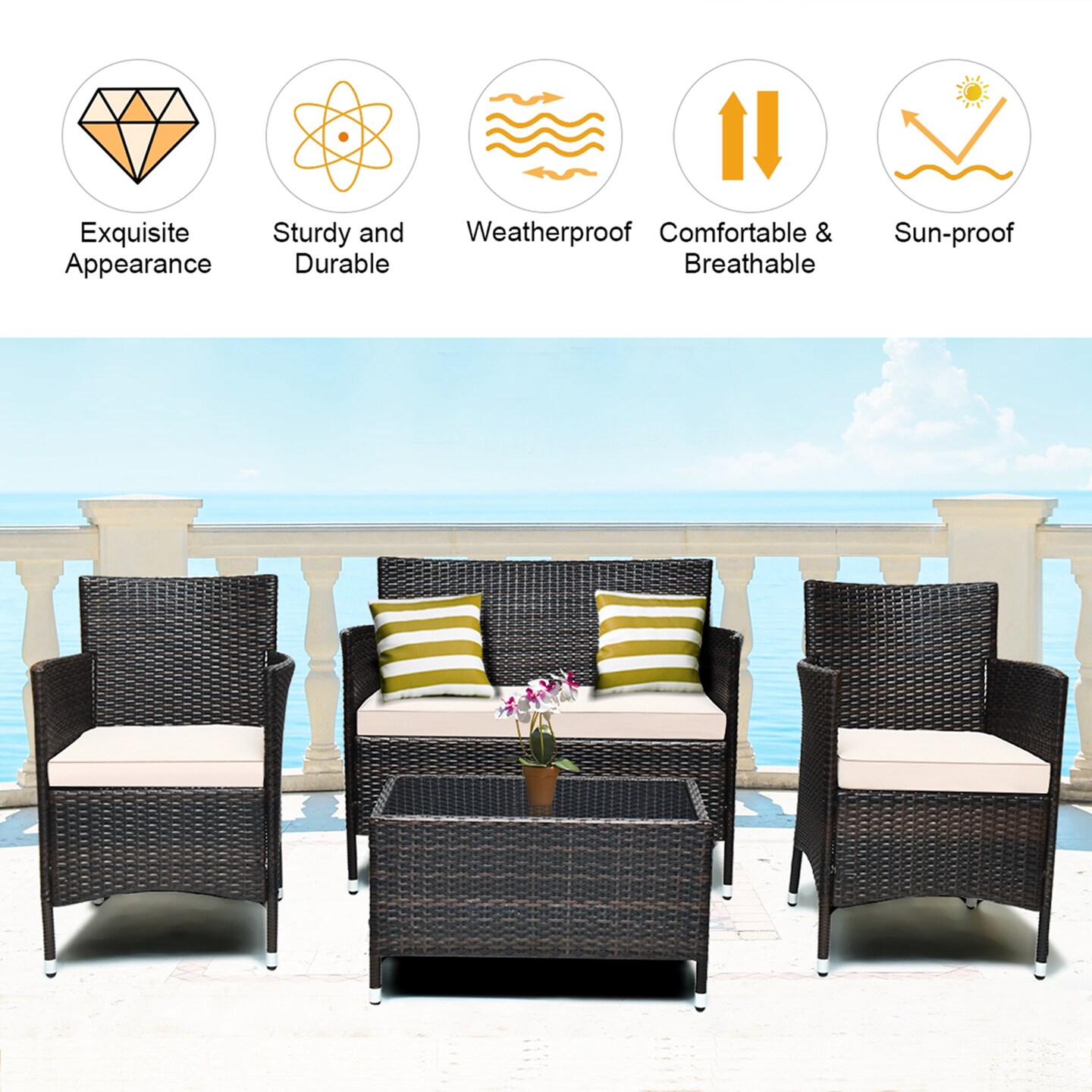 Costway 8PCS Patio Wicker Furniture Set Sofa Chair with Brown &#x26; Red Cushion Covers Garden