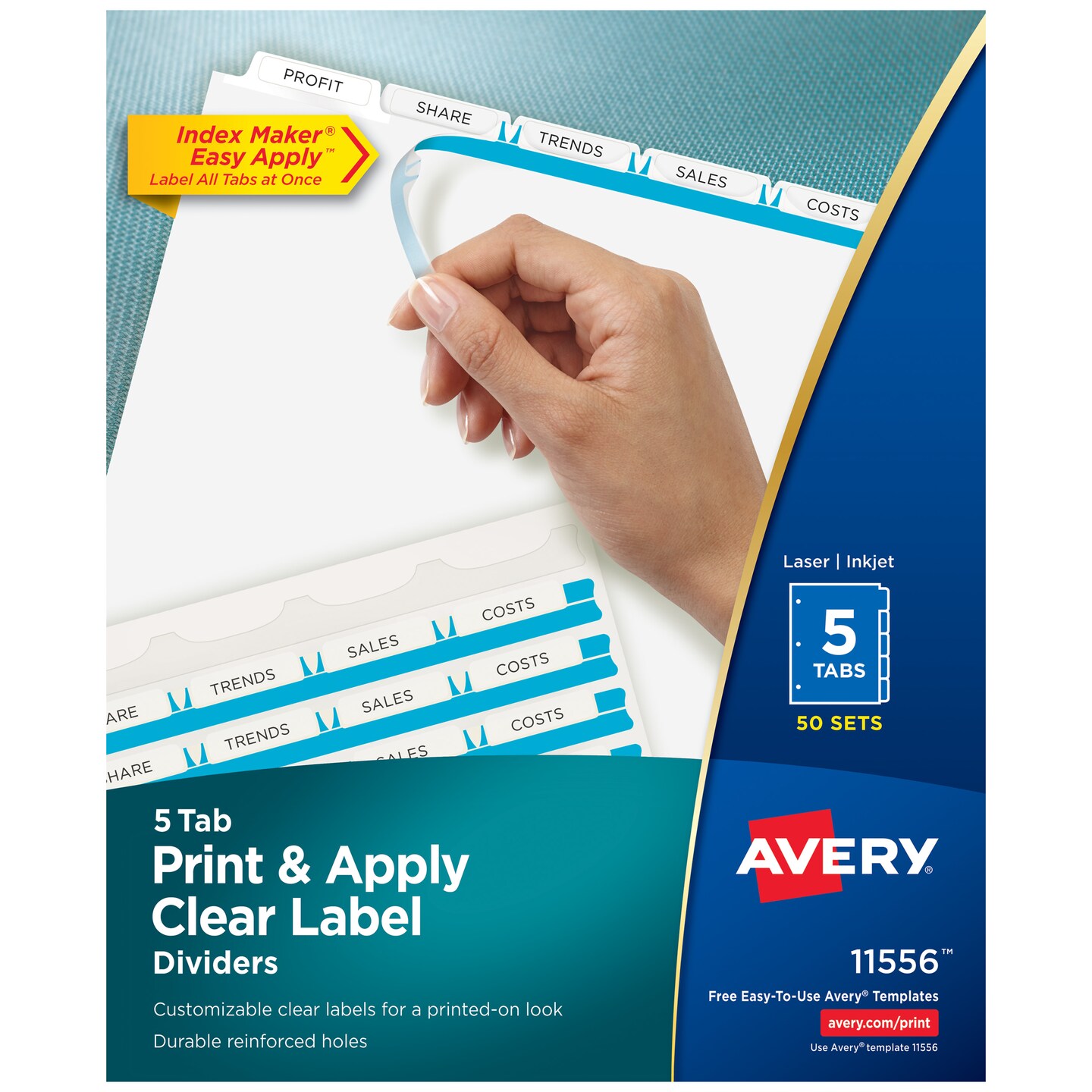 Avery 5 Tab Dividers for 3 Ring Binder, Easy Print &#x26; Apply Clear Label Strip, Index Maker Customizable White Tabs, 50 Sets (11556)