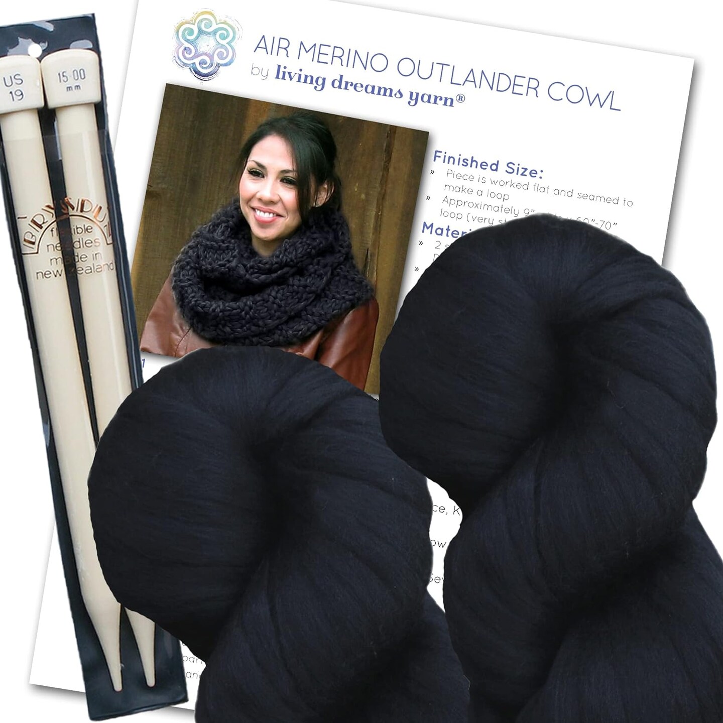 Merino Cowl Knitting Kit: Soft and Thick #7 Weight Jumbo Yarn, Knitting Needles and Pattern. Beginner. Everything Included, Great for Gifts