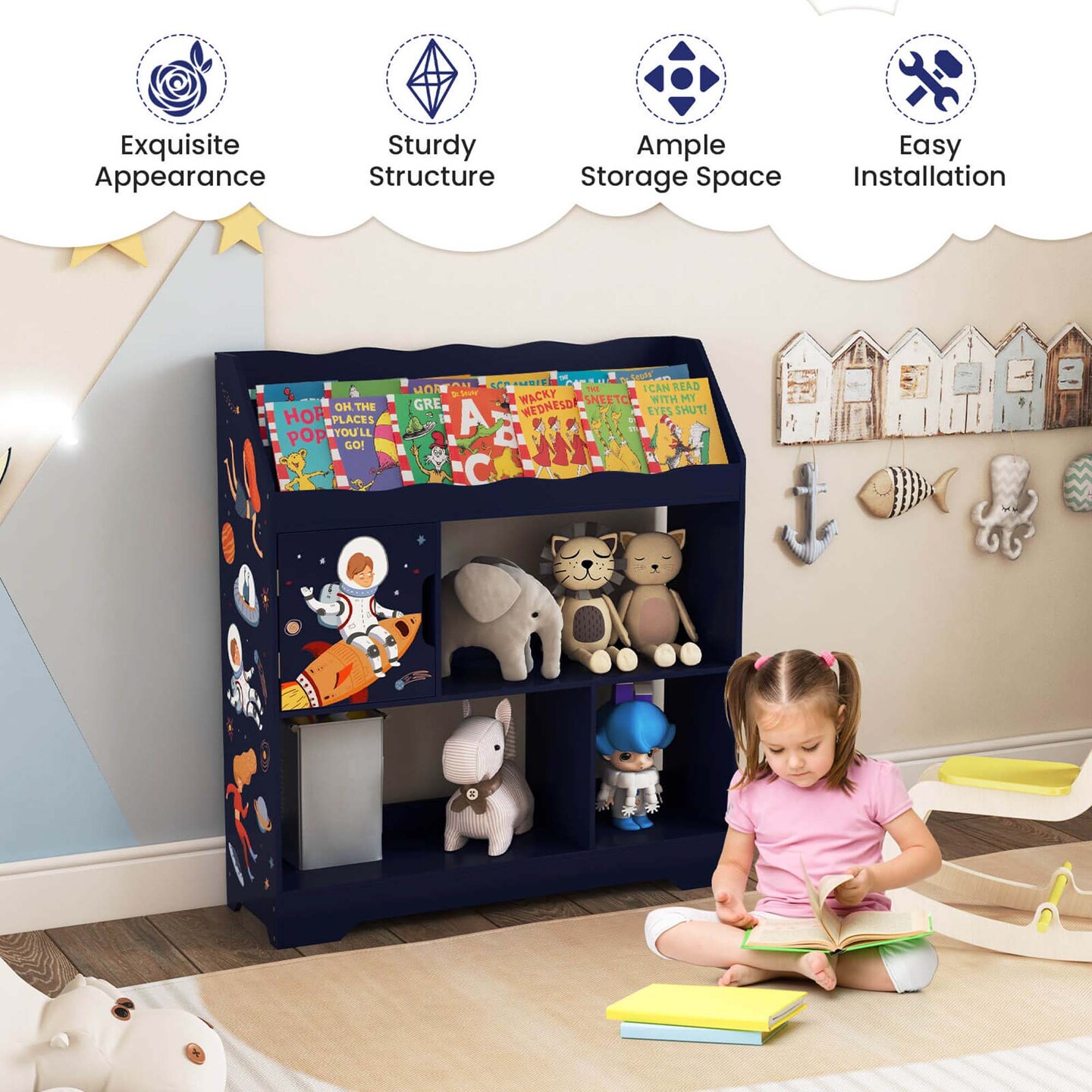 Costway Toy Storage Organizer 3-In-1 Kids Toy Shelf with Book Shelf, Storage Cabinet White/Blue