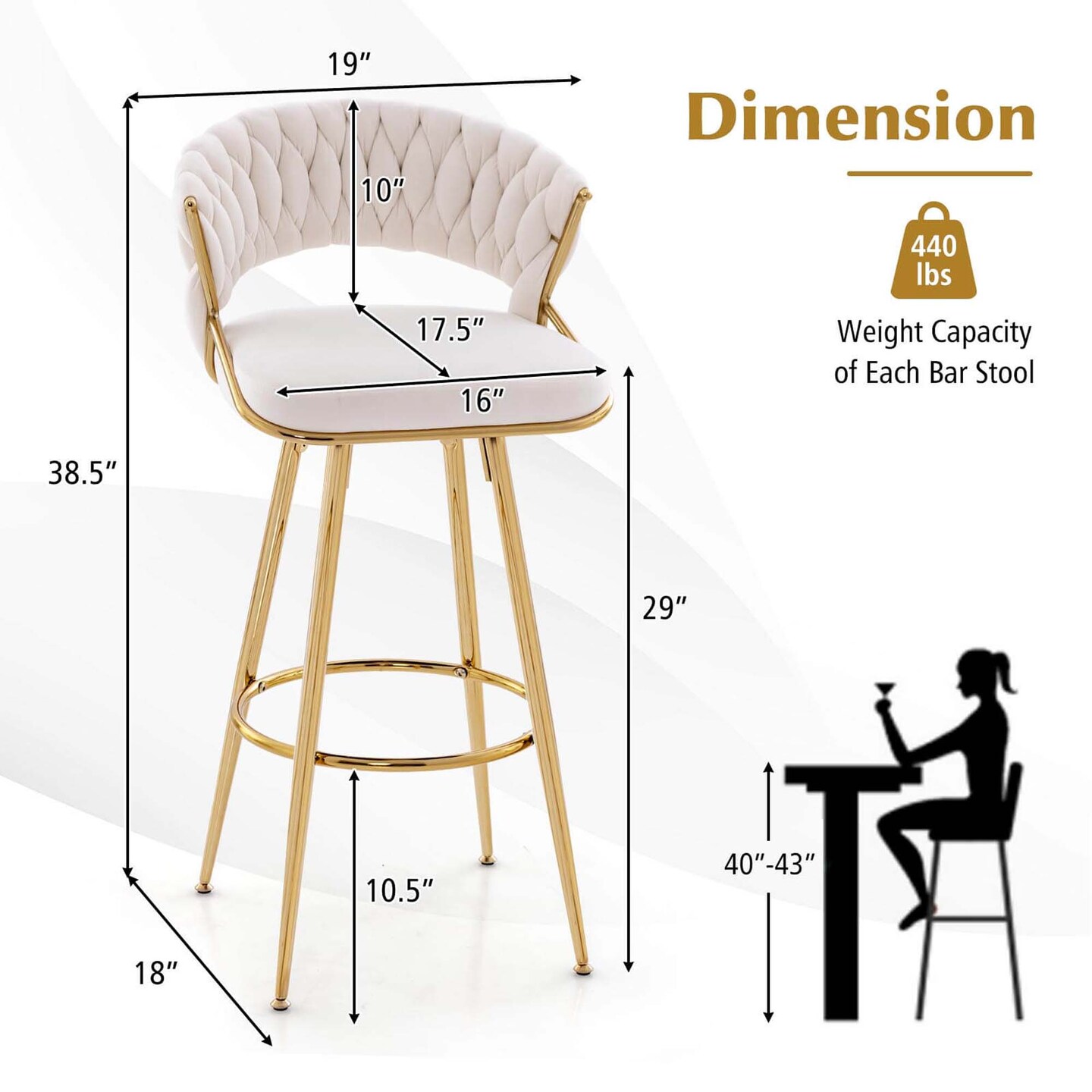 Costway 4 PCS Velvet Bar Stool 29" Bar Height Stools with Woven Backrest & Gold Metal Legs Grey/Beige