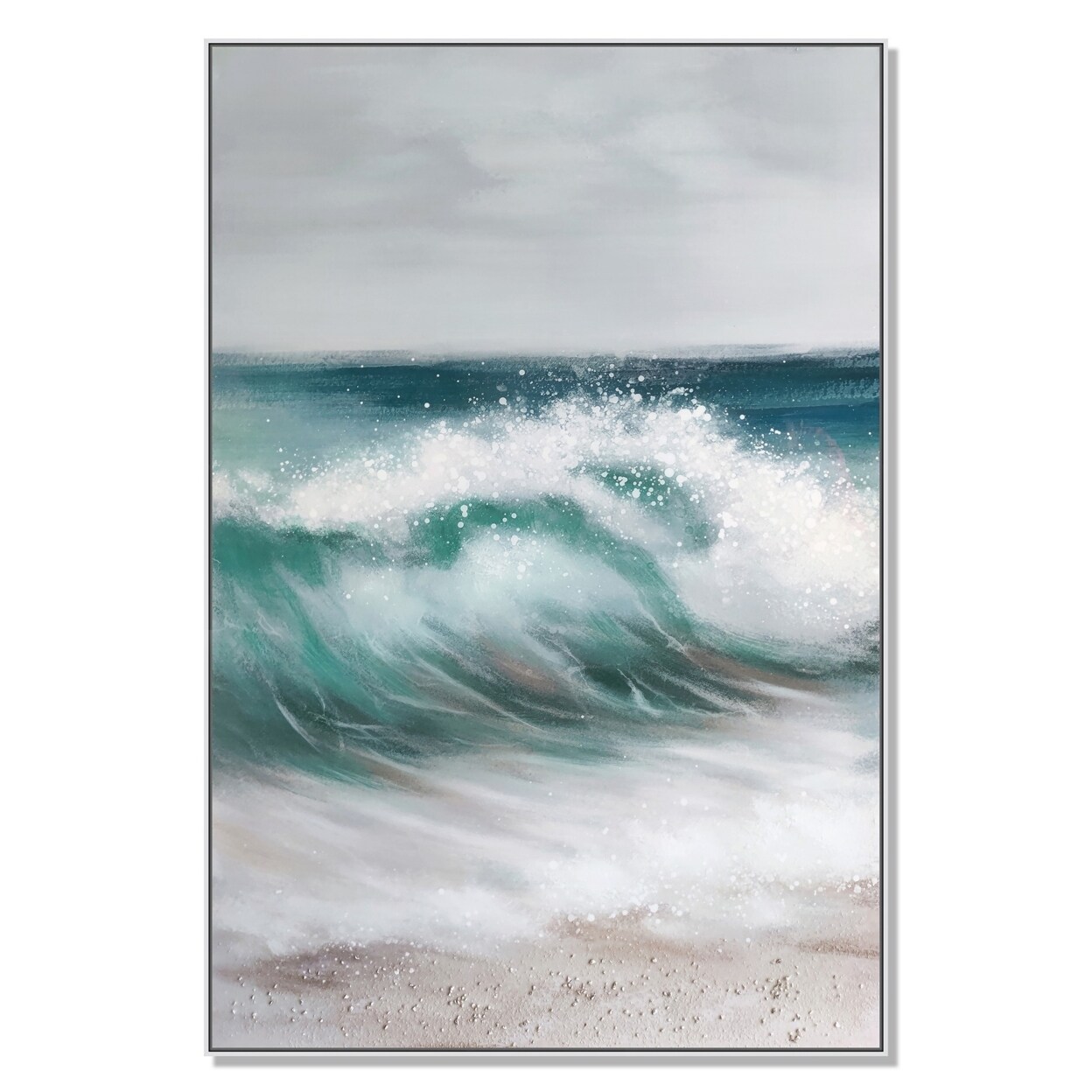 Saltoro Sherpi 39 x 59 Hand Painted Cresting Waves, White Frame, Seafoam Green, Ocean Blue-