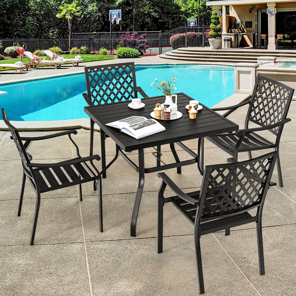 Gymax 5PCS Patio Dining Set Stackable Chairs and Table Set W/ Umbrella Hole
