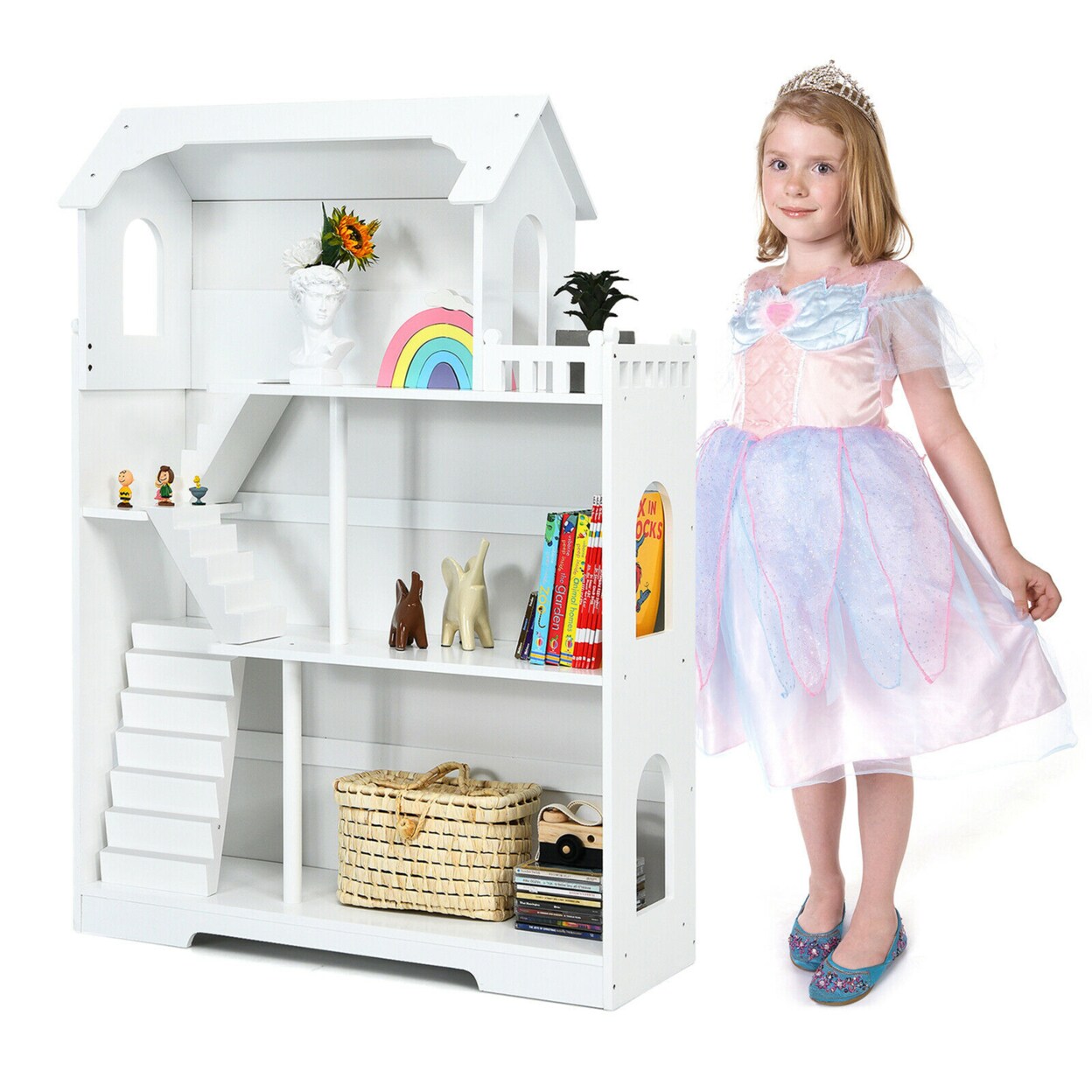Gymax 3-Tier Wooden Dollhouse Bookcase Childrens Bookshelf in Kids Room Gift for 3+