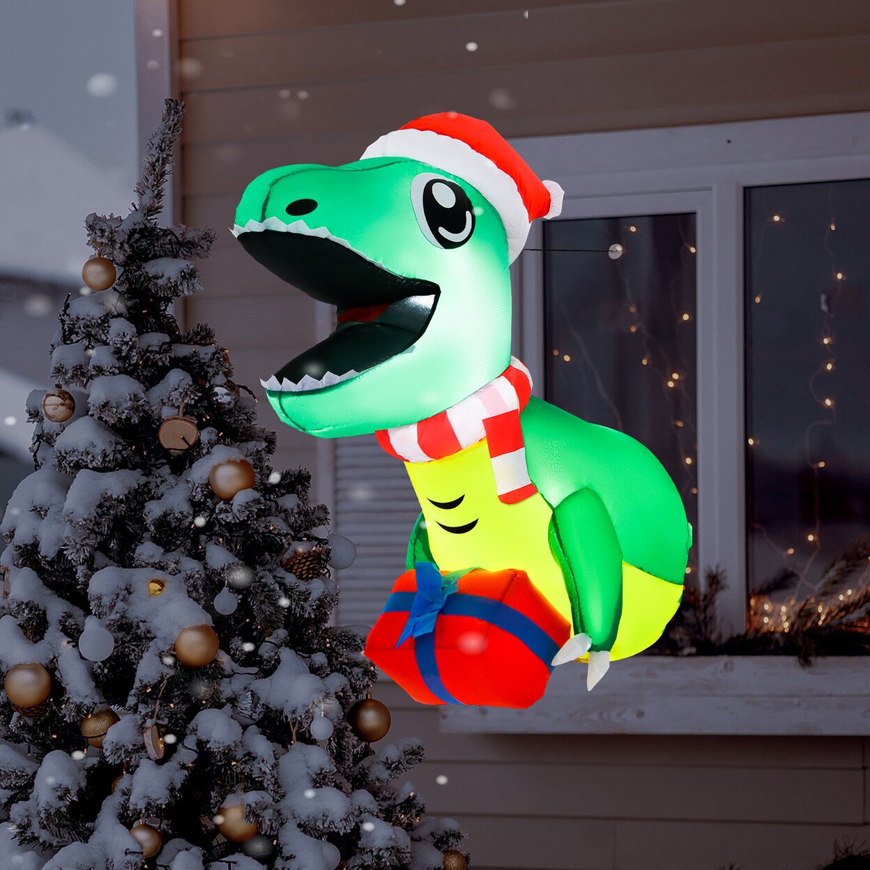 Gymax Inflatable Dinosaur Broke Out from Window w/ Built-in LED Lights Indoor Outdoor Party