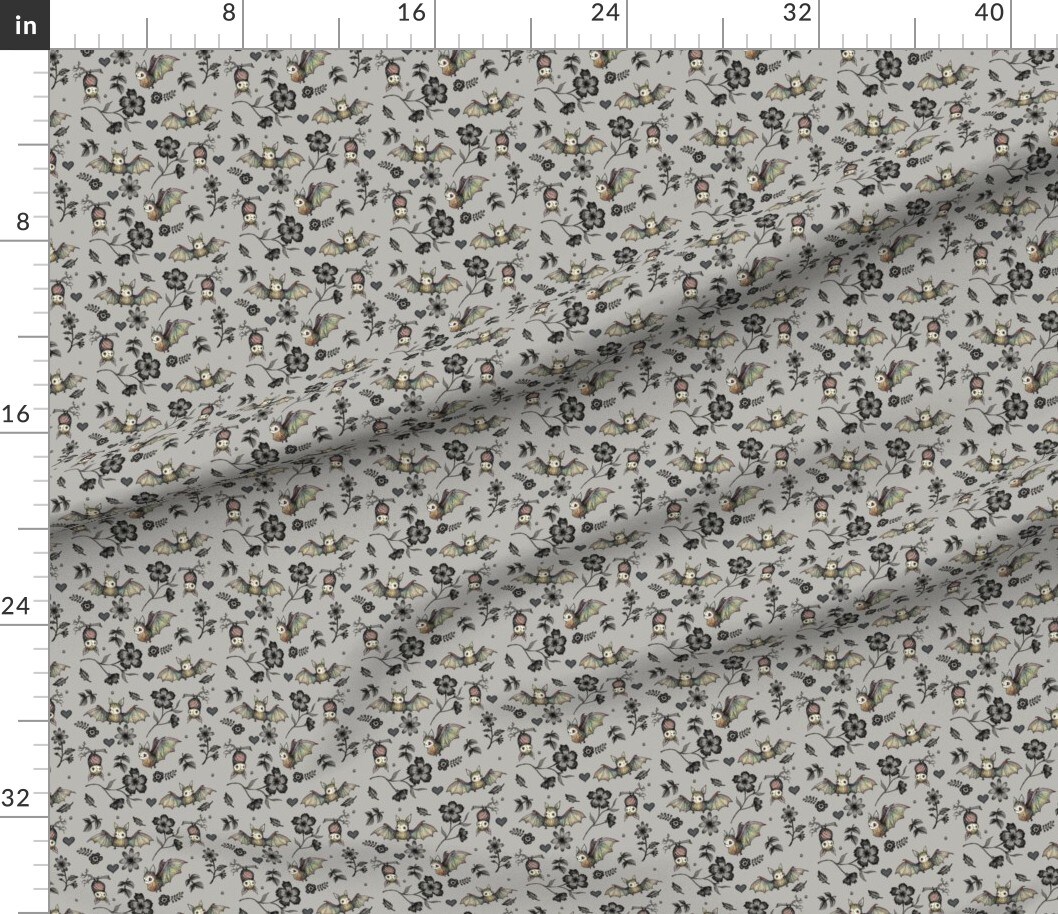 Various Fabrics by the Yard or Fat Quarter Bats And Flowers Gray Floral Halloween Spooky Hearts Novelty October Autumn Custom Printed Fabric by Spoonflower