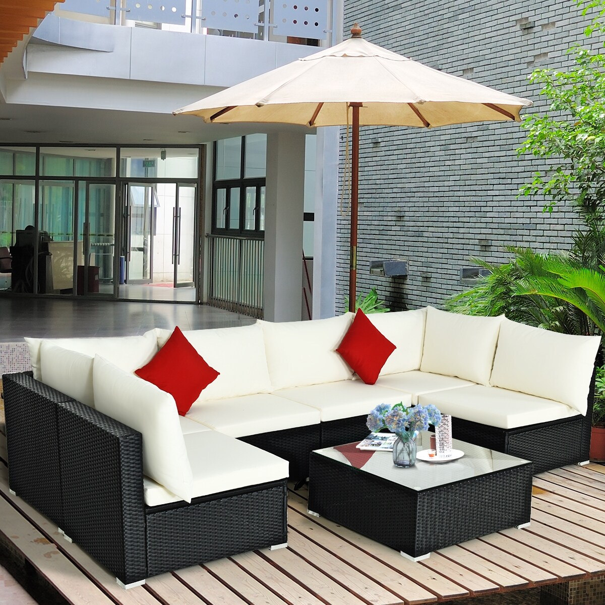 7 Pieces Sectional Wicker Furniture Sofa Set With Tempered Glass Top