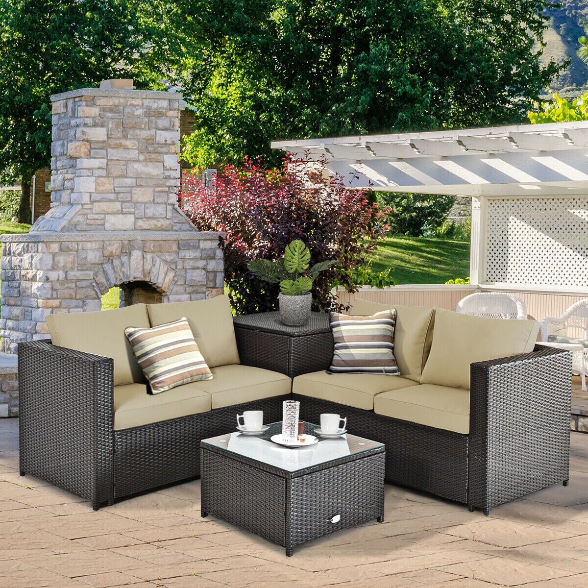 4 Pcs Outdoor Patio Rattan Furniture Set with Cushioned Loveseat and Storage Box