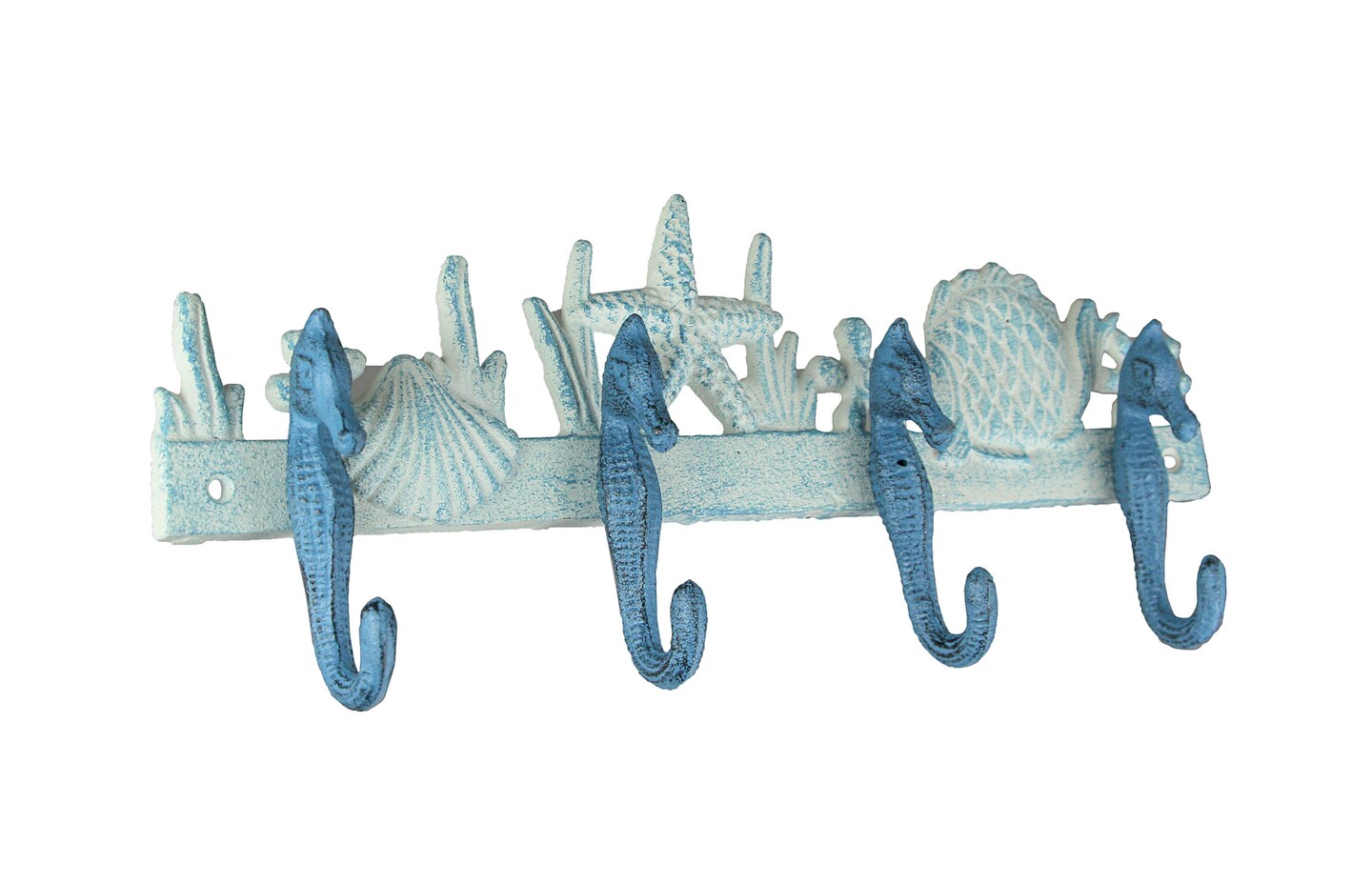 Blue/White Cast Iron Seahorses Decorative Wall Hook Hanging Towel or Coat Rack