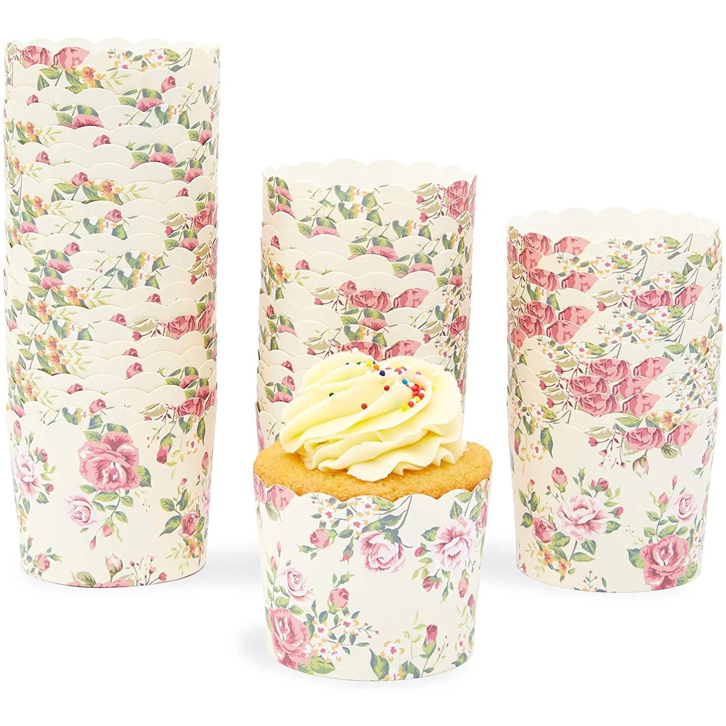 50-Pack Vintage Style Floral Cupcake Wrappers for Wedding, Flower Paper Baking Cups and Muffin Liners for Tea Parties, Bridal Showers, Baby Showers &#x26; Garden Parties- 2.25 x 2.75 In