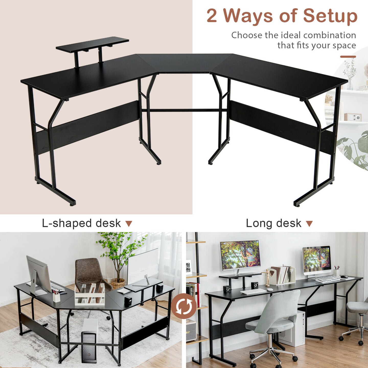 Costway 88.5&#x27;&#x27; L Shaped Reversible Computer Desk 2 Person Long Table Monitor Stand
