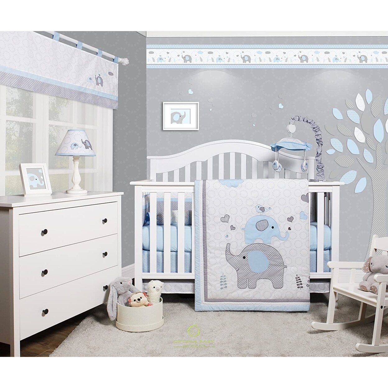 OptimaBaby Bumperless 5PCS Blue Grey Elephant Baby Nursery Crib Bedding Set By