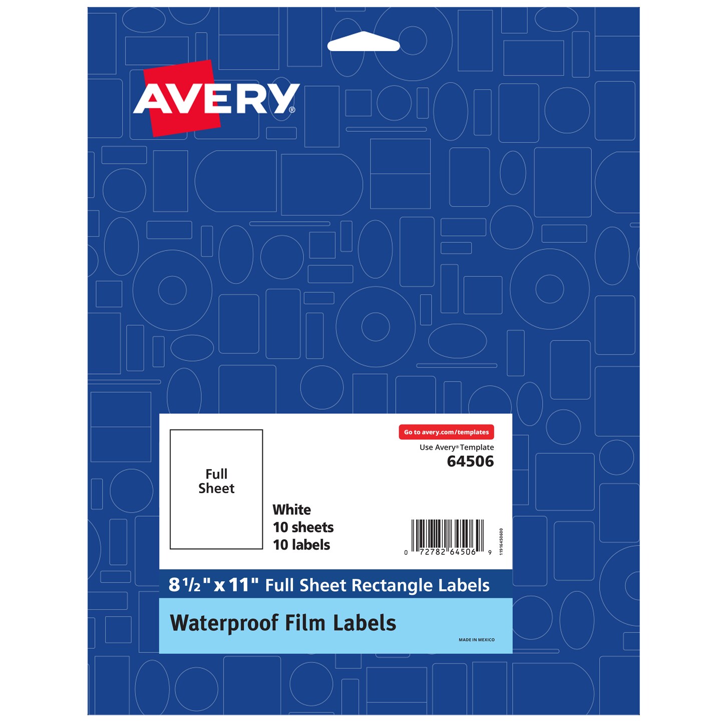 Avery Durable Waterproof Oil-Resistant Film Labels with Sure Feed Technology, 8.5" x 11", Laser/Pigment-Inkjet, 10 Full-Sheet Labels (64506)