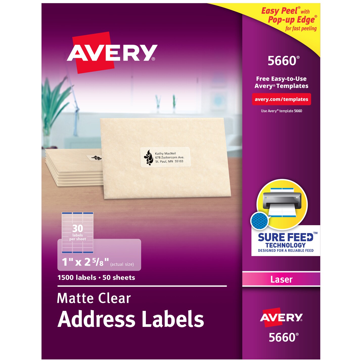 Avery Matte Clear Address Labels, Sure Feed Technology, Laser, 1" x 2-5/8", 1,500 Labels (5660)