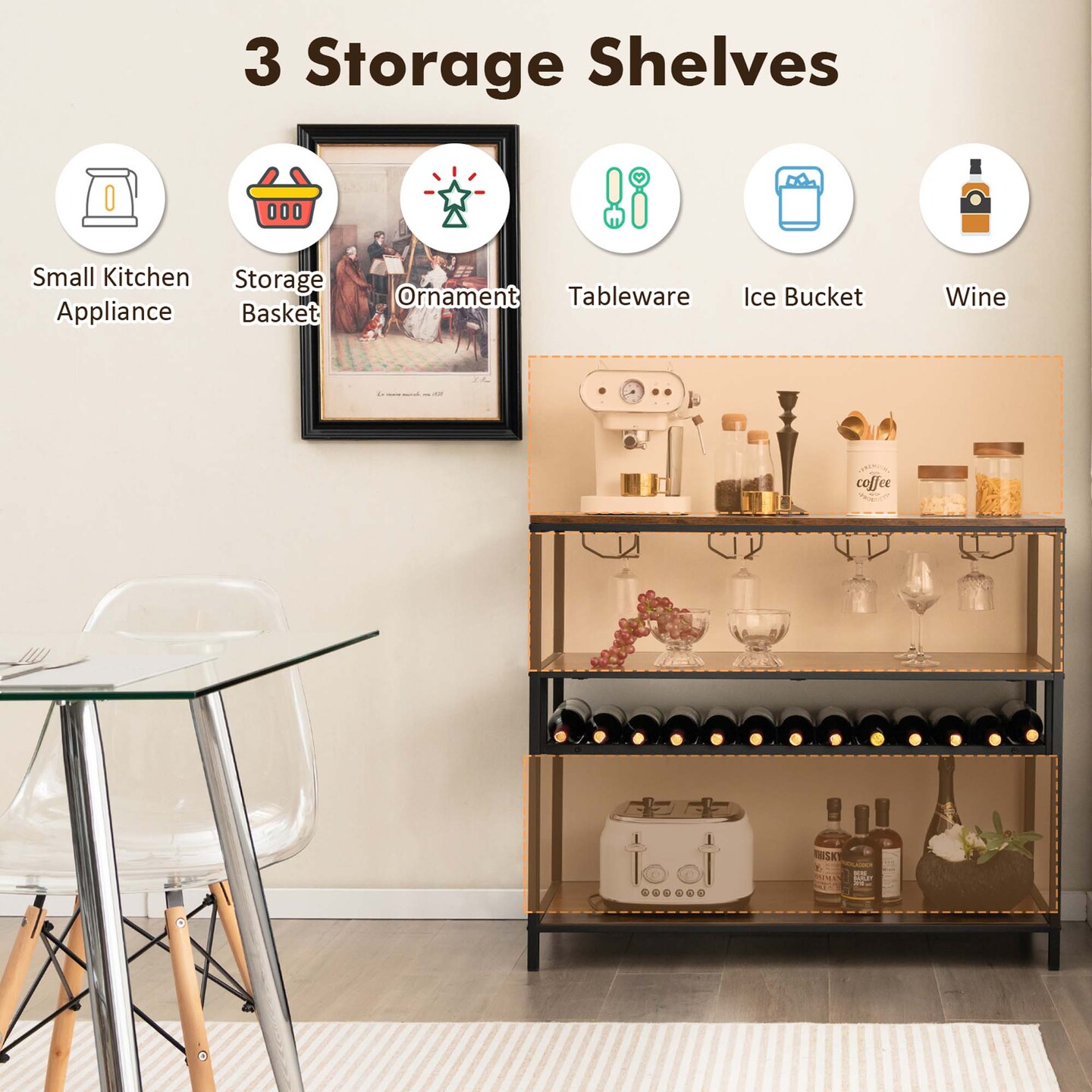 Costway Rustic Wine Rack Table 13 Bottles Wine Bar Cabinet Freestanding with Glass Holder