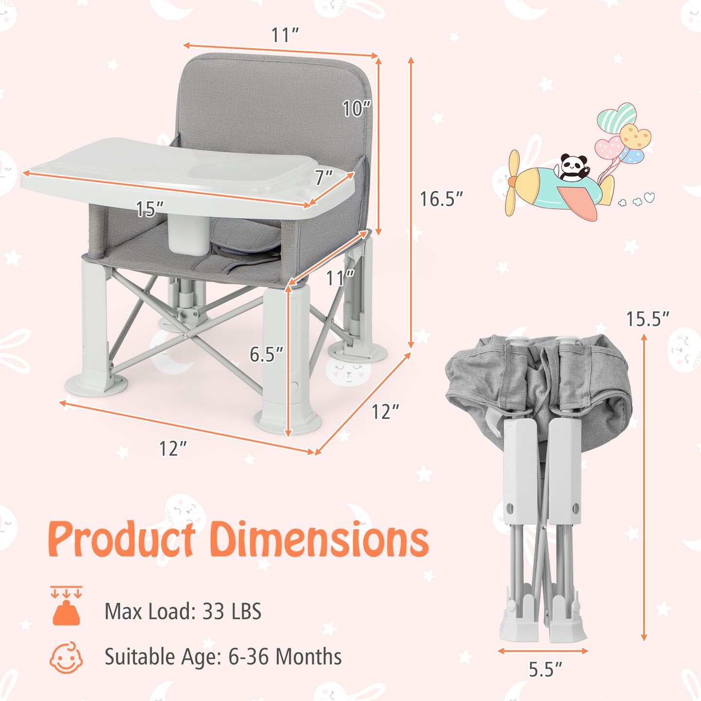 Babyjoy Baby Travel Booster Seat with Double Tray Portable Folding Toddler  Dining Chair
