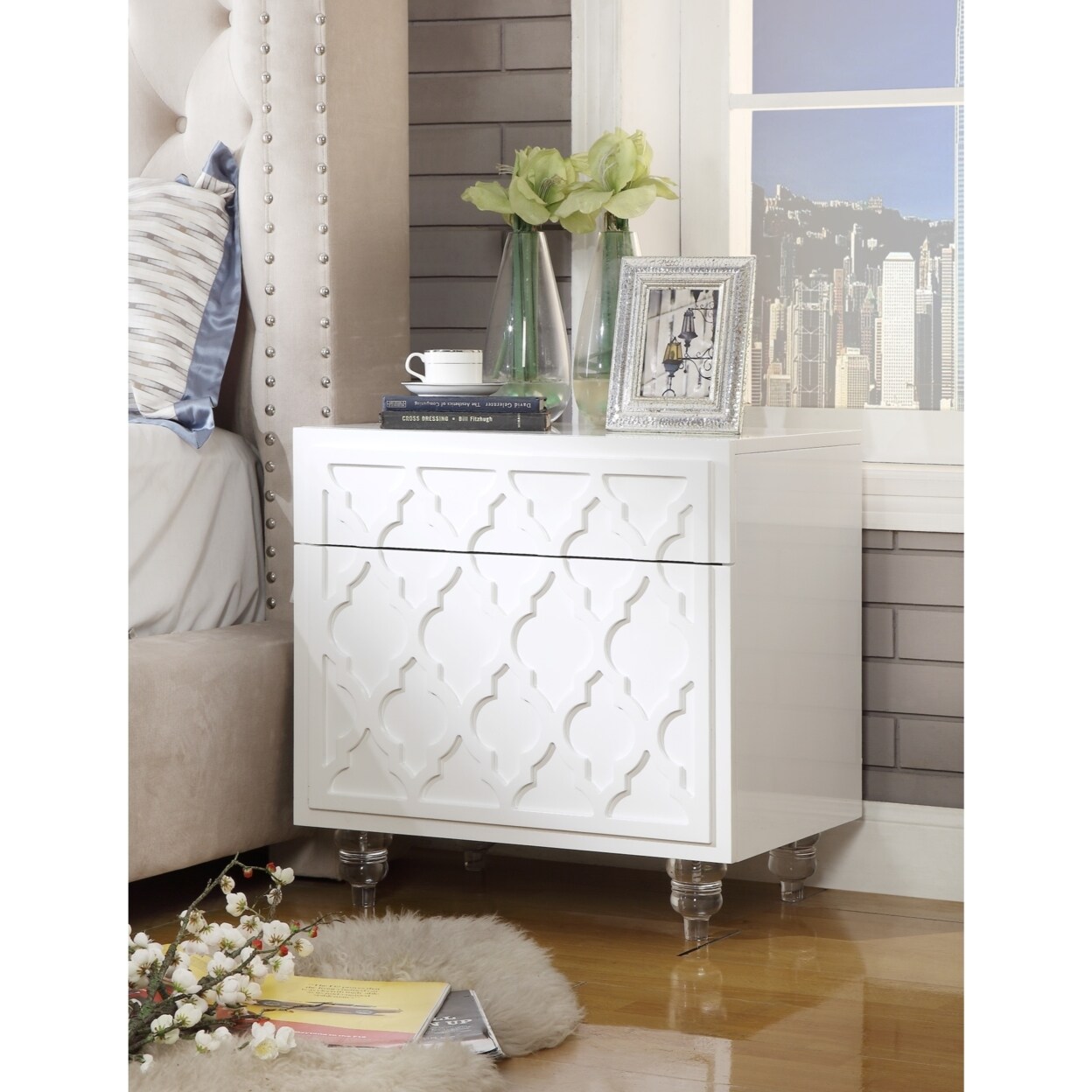 Inspired Home Wilma Glossy Nightstand-Lacquer Finish-Side Table-Acrylic Lucite Legs-Modern and Functional by
