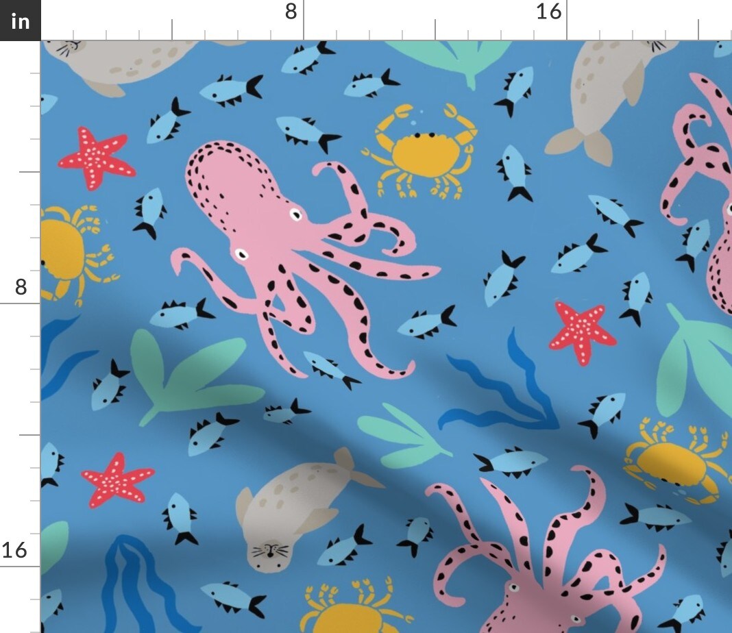 Sea Creature Whimsical Bright Colorful Ocean Nautical Coastal Custom Printed Fabric by Spoonflower Various Fabrics by the Yard or Fat Quarter