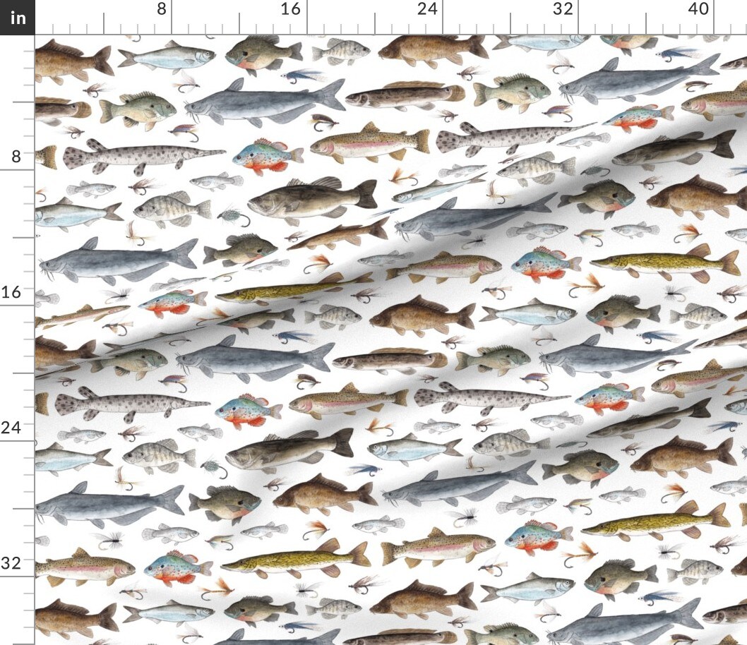 Fish Fishing Salmon Cabin Trout Fisherman Lures Sunfish Tackle Stream Muskie Sturgeon Custom Printed Fabric by Spoonflower Various Fabrics by the Yard or Fat Quarter 14884713