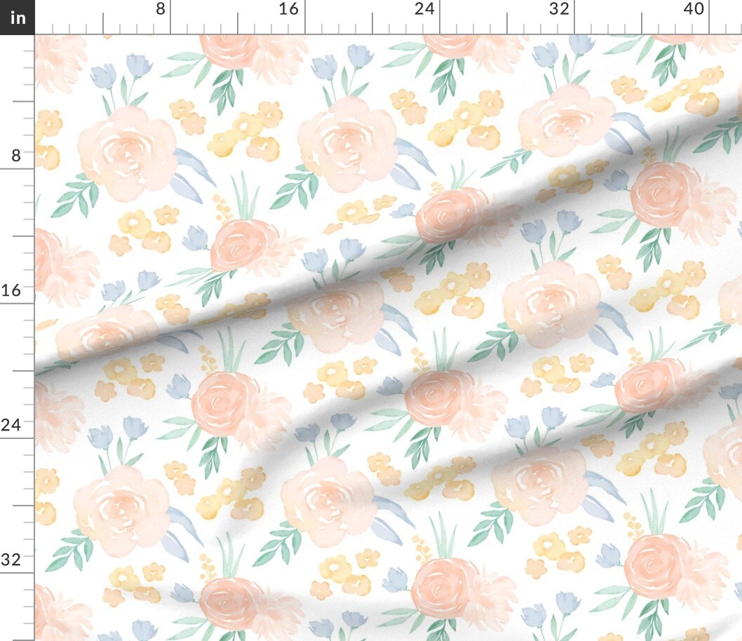 Watercolor Floral Pink Yellow Roses Flowers Medium Scale Custom Printed Fabric by Spoonflower Various Fabrics by the Yard or Fat Quarter