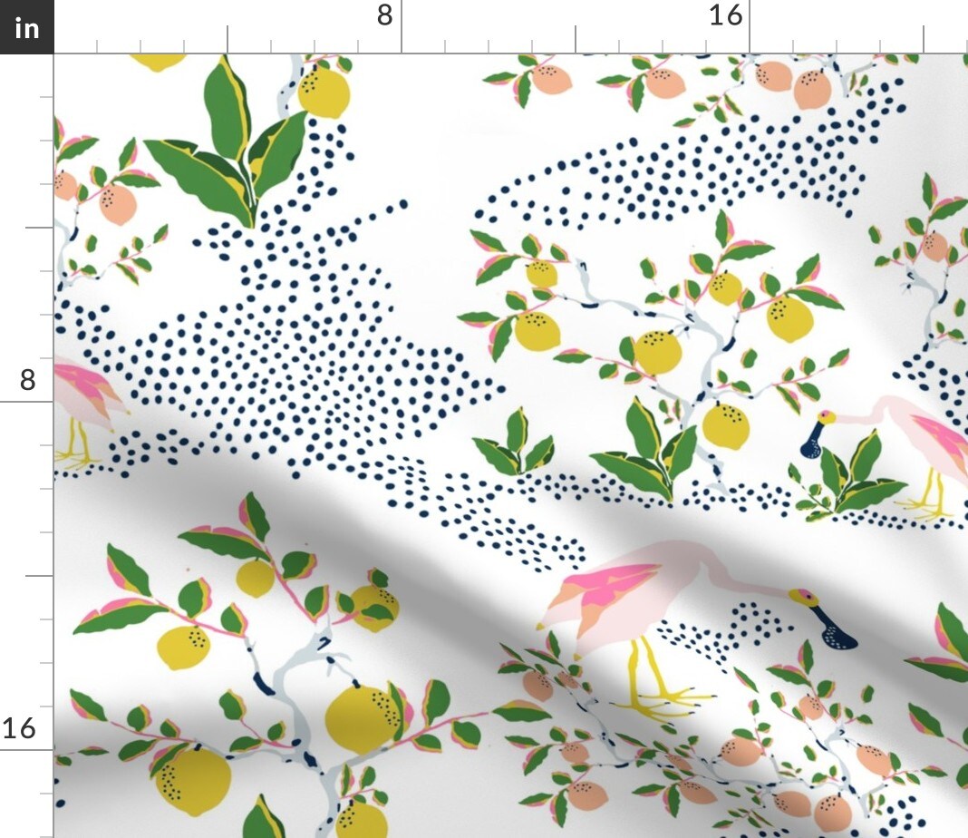Tropical Exotic Birds Whimsical Nature Spoonbill Lemon Dots Coastal Custom Printed Fabric by Spoonflower Various Fabrics by the Yard or Fat Quarter