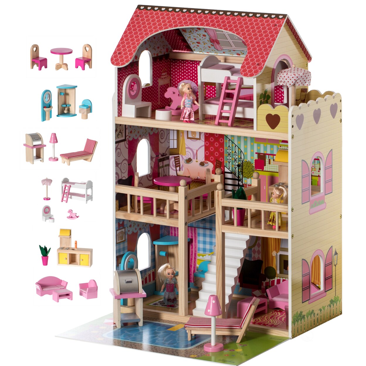 Gardenised Wooden Doll House with Toys and Furniture Accessories with LED light for Ages 3+