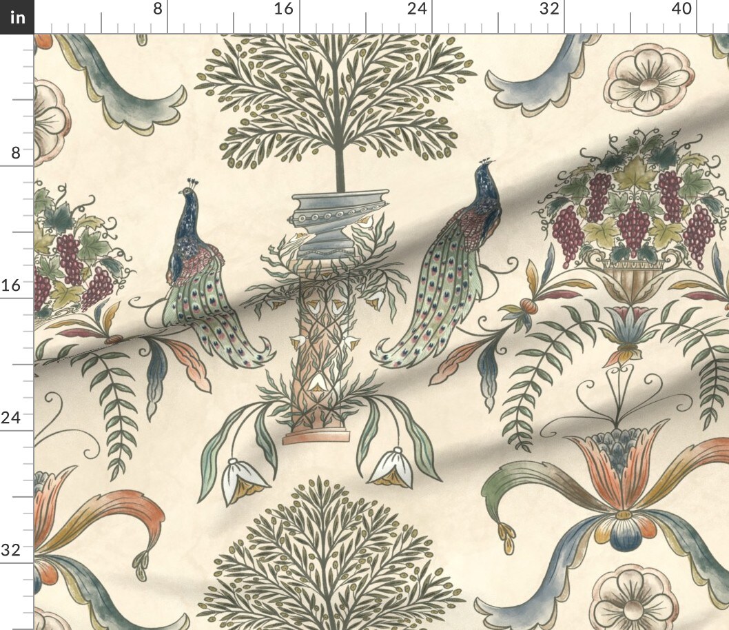 Beige Peacock Classical Italian Olives Fresco Floral Garden Botanical Vineyard Grapes Fruit Large Scale Custom Printed Fabric by Spoonflower Various Fabrics by the Yard or Fat Quarter