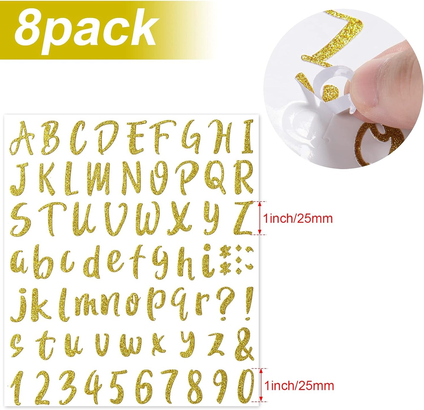 576 Pieces 8 Sheets Letters Stickers Self Adhesive Vinyl Letter Alphabet Number Stickers Mailbox Numbers Sticker, Decals for Classroom Decor, Sign, Door(Glitter Gold,1 Inch)