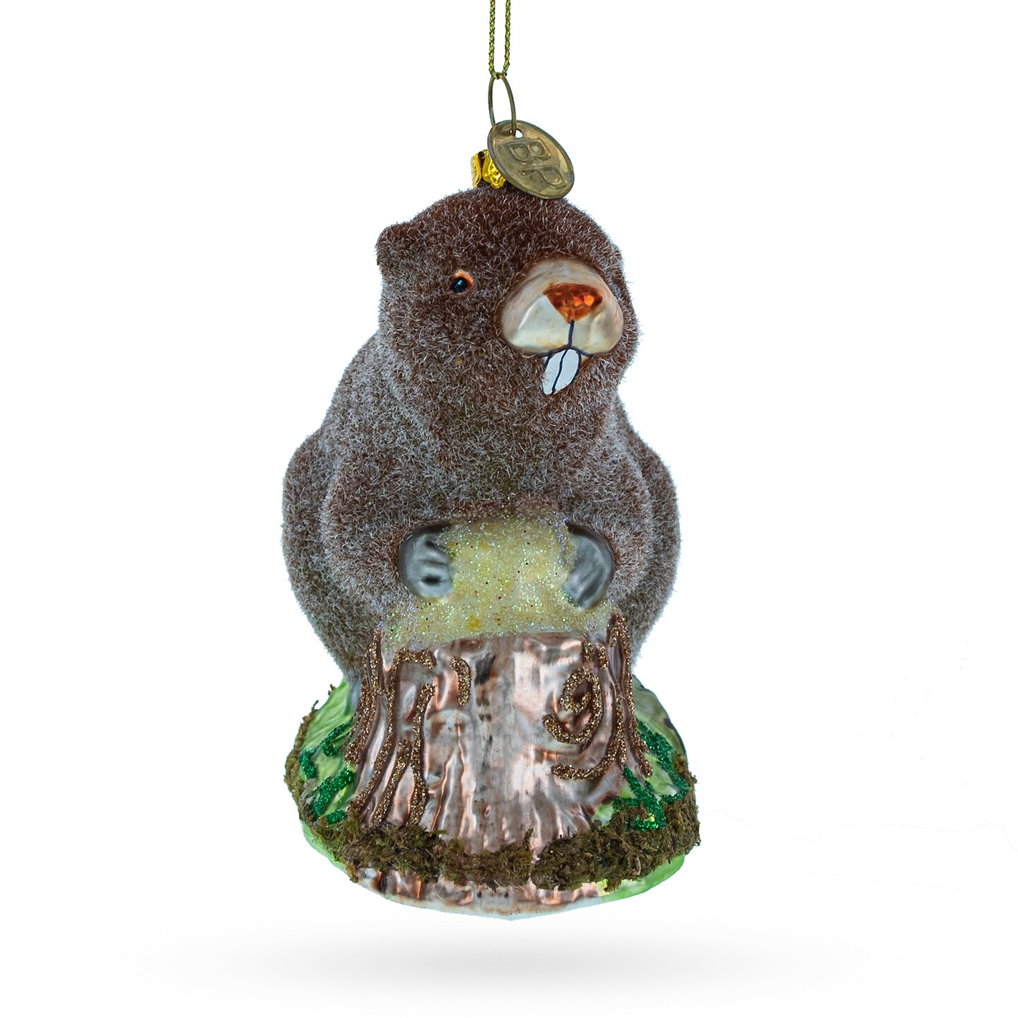 Industrious Beaver Holding a Log Glass Christmas Ornament