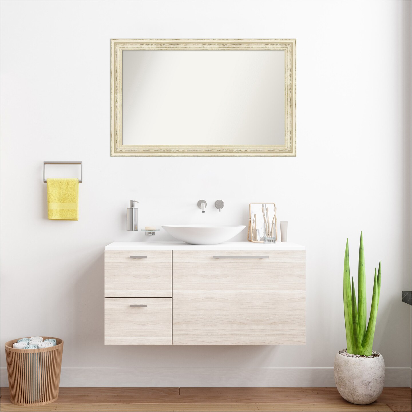 Country White Wash Non-Beveled Custom Framed Bathroom Vanity Wall Mirror